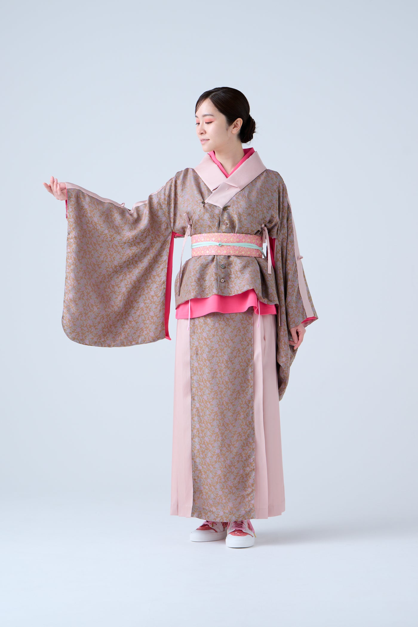 Cupra small flower jacquard pleated skirt in beige and pink